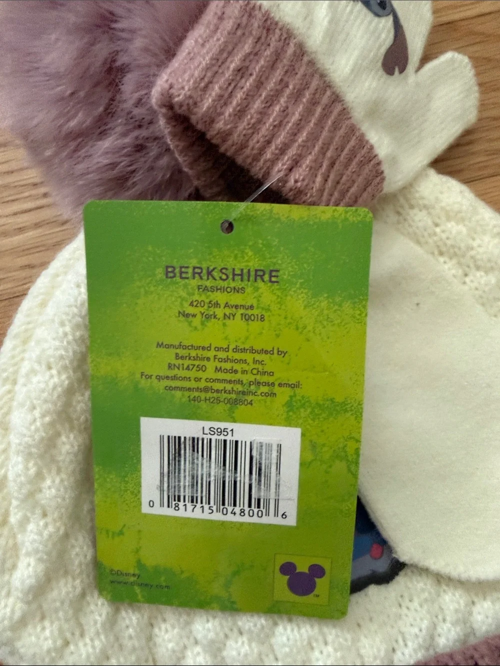 Disney Stitch Cream Knit Beanie with Mauve Pom & Mittens